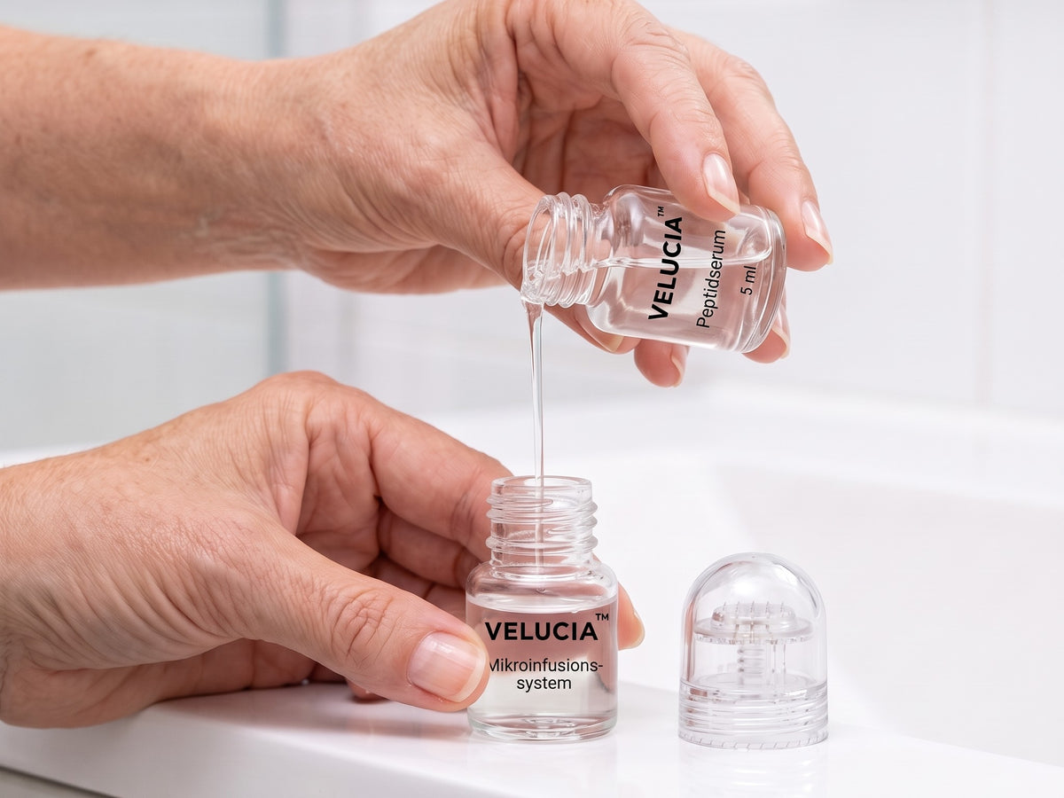 Hände füllen eine Velucia Serum-Ampulle in das geöffnete Reservoir-Fläschchen