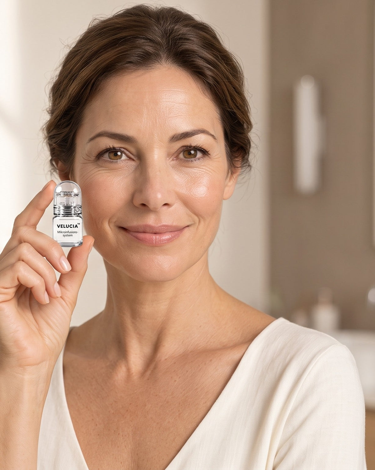 Frau hält das Velucia Mikroinfusionssystem neben ihr Gesicht