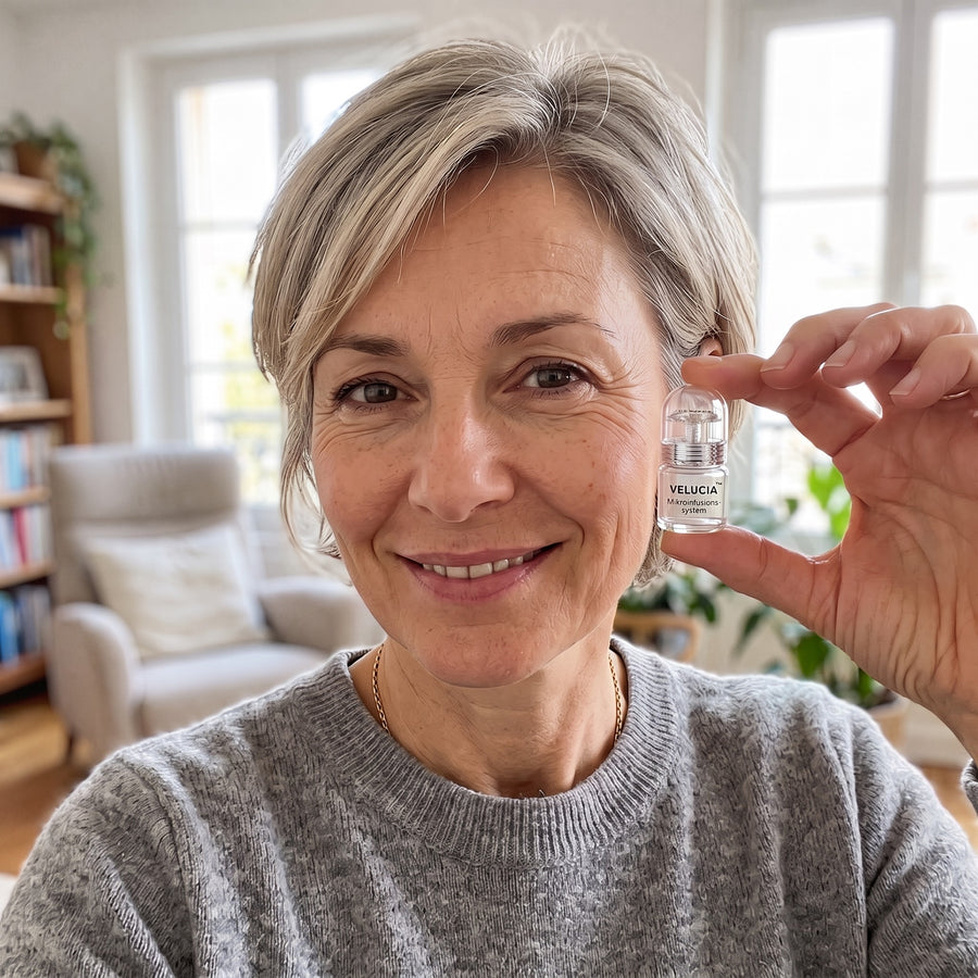 Sabine hält das Velucia System an die Wange