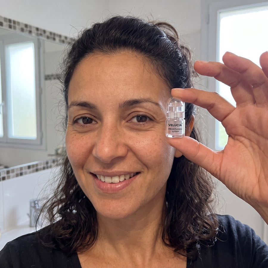 Leyla hält das Velucia System an die Schläfe