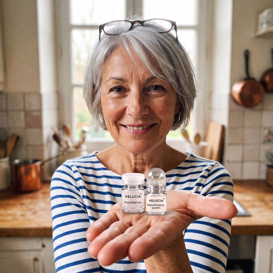 Monika zeigt das Velucia System und eine Serum-Ampulle in ihrer Hand