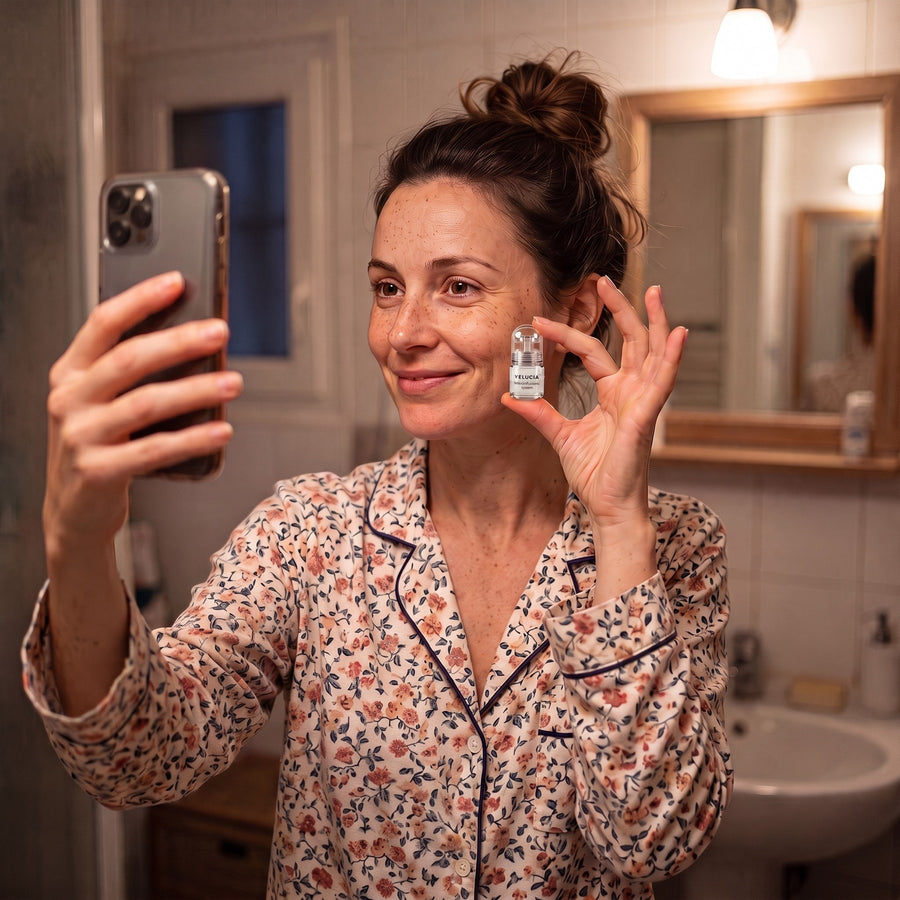 Julia im Pyjama, Spiegel-Selfie mit dem Velucia System