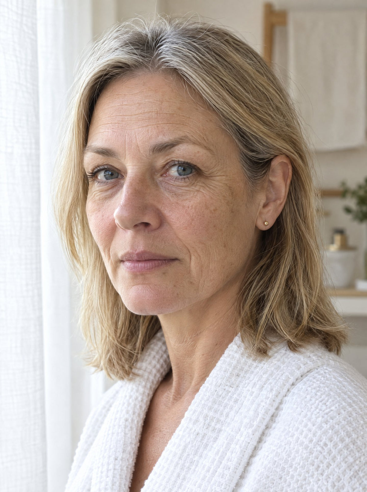Frau um die fünfzig im Bademantel, ungeschminkt, mit sichtbaren Linien an Stirn und Augen